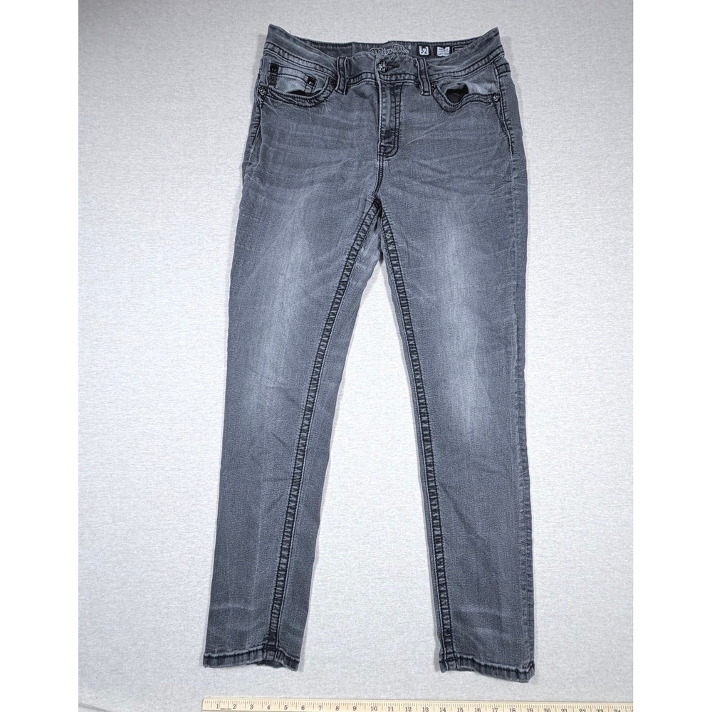 Miss Me Curvy Skinny Jeans Gray Fleur De Lis Embellished Flossy Bling Size 32